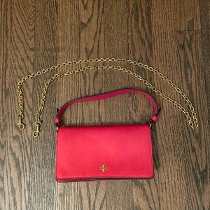 Tory burch pink calf hair bag suede back, side and bottom chain shoulder strap